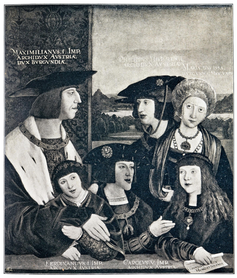 Renaissance portrait of Habsburg dynasty members displaying characteristic elongated facial structure associated with the Habsburg jaw.