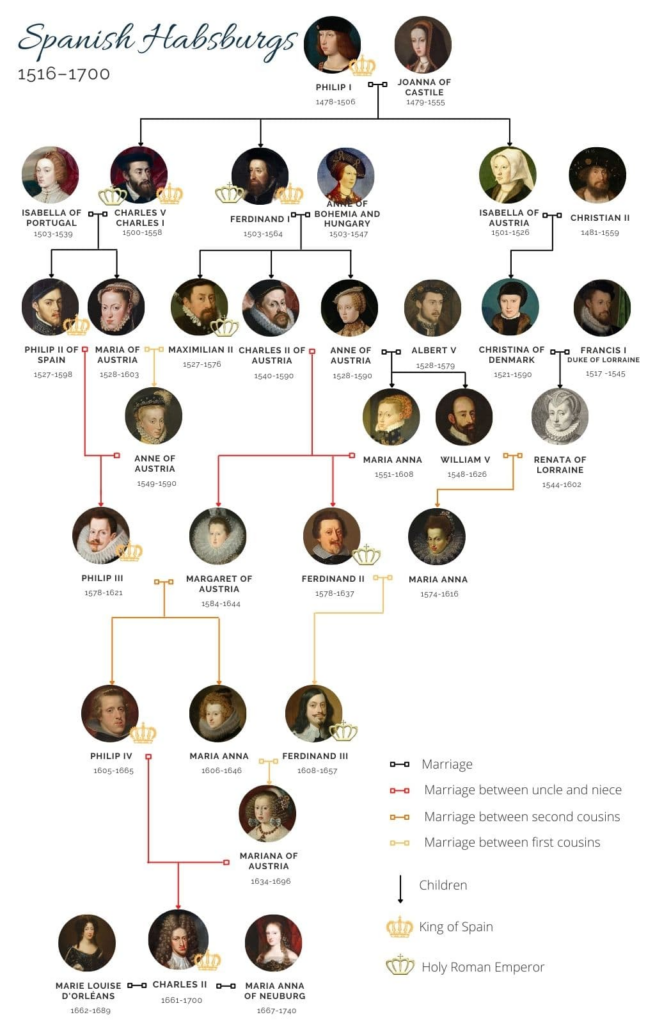 Genealogical chart of the Spanish Habsburg dynasty showing multiple close-kin marriages contributing to high inbreeding coefficients.