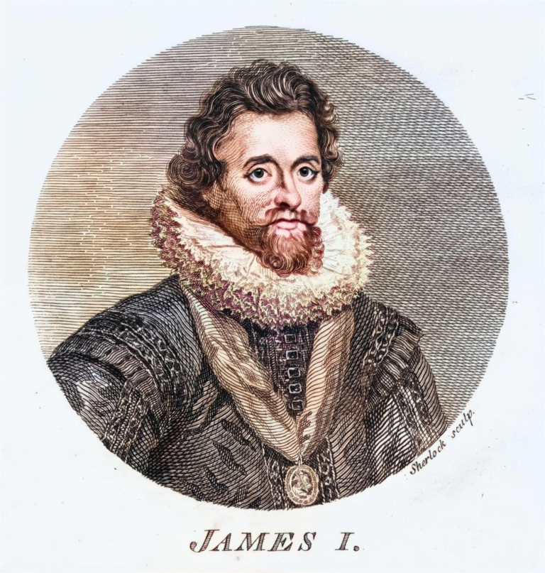 Seventeenth-century painted portrait of King James I of England wearing royal robes and insignia of the Stuart monarchy.
