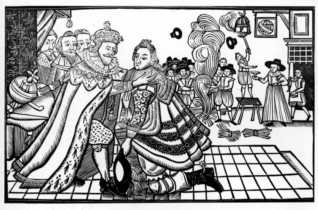 Seventeenth-century engraving showing the deathbed of King James I amid political uncertainty.