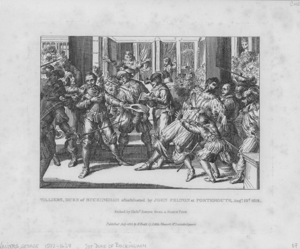 Seventeenth-century engraving illustrating the assassination of George Villiers, Duke of Buckingham, in Portsmouth.