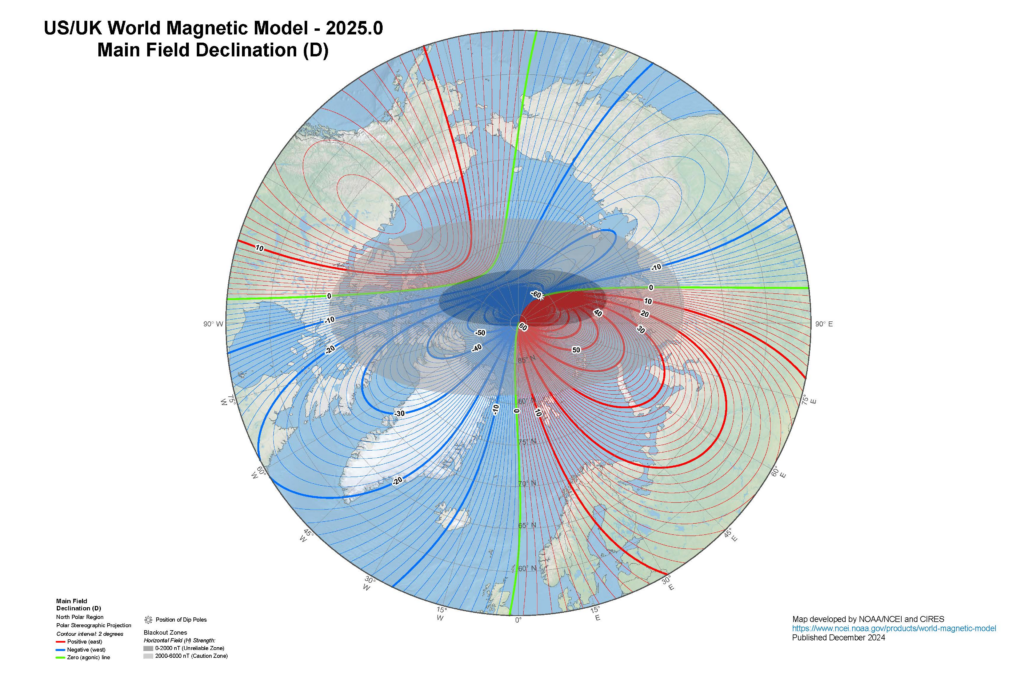 Global magnetic declination map from the World Magnetic Model showing regional variations in Earth’s magnetic field.