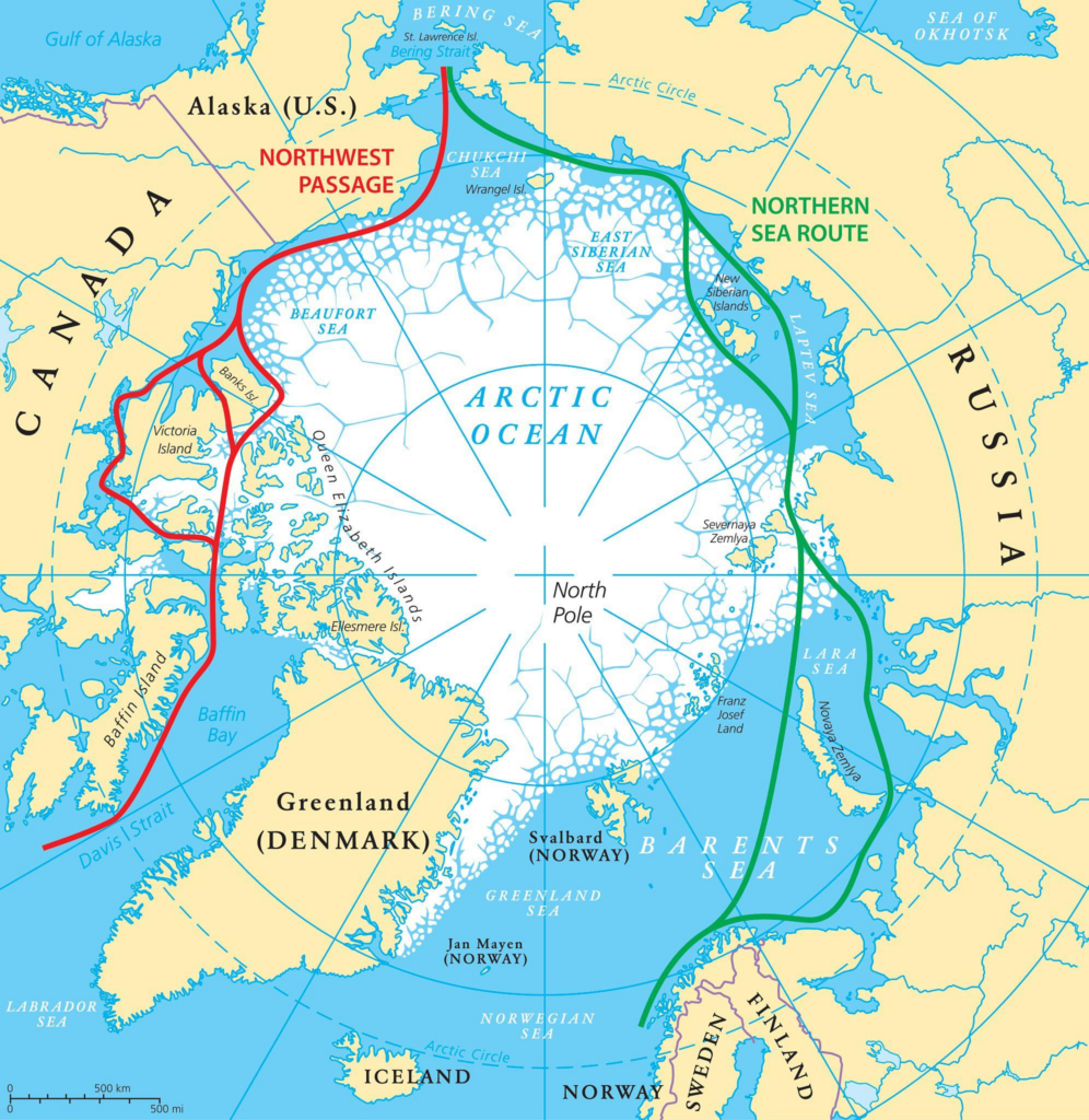 Satellite image of Arctic shipping routes where precise magnetic navigation is critical for maritime operations.